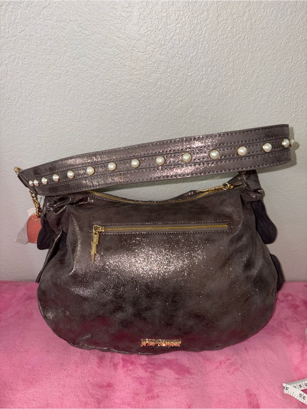 Betsey Johnson Metallic Hobo with Pearl-Embellished Strap
